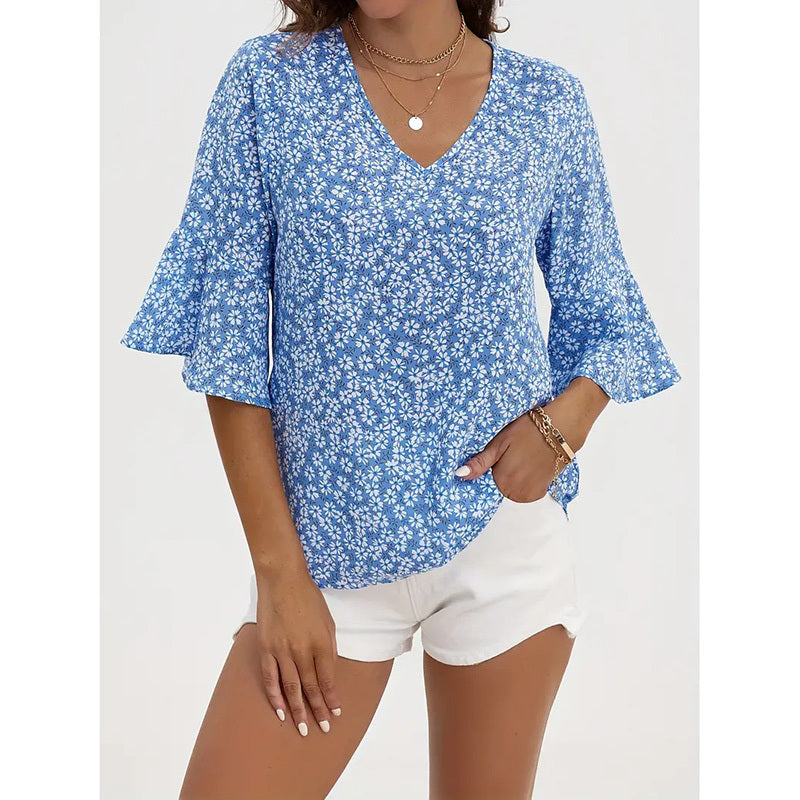 Women's Clothing - Summer Floral Print Blouses V-Neck Flare Sleeve Tops Dressy Casual T-Shirts