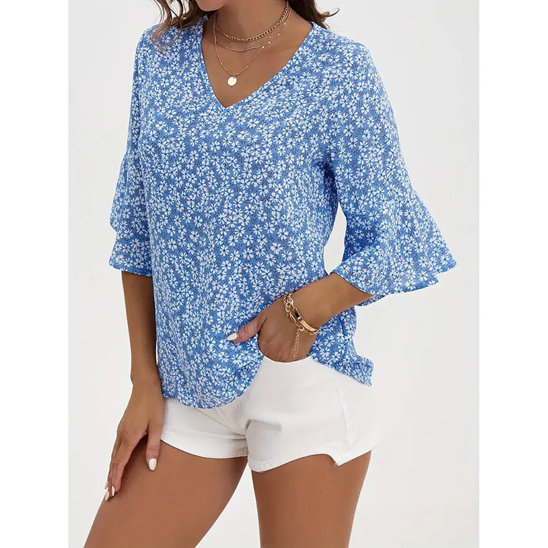 Women's Clothing - Summer Floral Print Blouses V-Neck Flare Sleeve Tops Dressy Casual T-Shirts