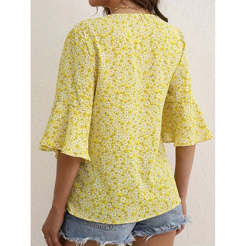 Women's Clothing - Summer Floral Print Blouses V-Neck Flare Sleeve Tops Dressy Casual T-Shirts
