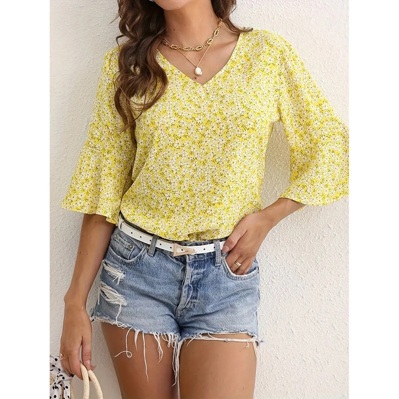 Women's Clothing - Summer Floral Print Blouses V-Neck Flare Sleeve Tops Dressy Casual T-Shirts