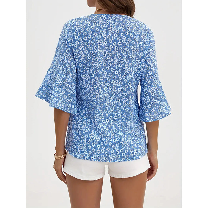 Women's Clothing - Summer Floral Print Blouses V-Neck Flare Sleeve Tops Dressy Casual T-Shirts