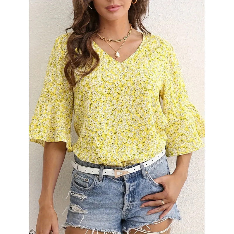 Women's Clothing - Summer Floral Print Blouses V-Neck Flare Sleeve Tops Dressy Casual T-Shirts