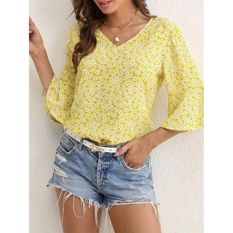 Women's Clothing - Summer Floral Print Blouses V-Neck Flare Sleeve Tops Dressy Casual T-Shirts