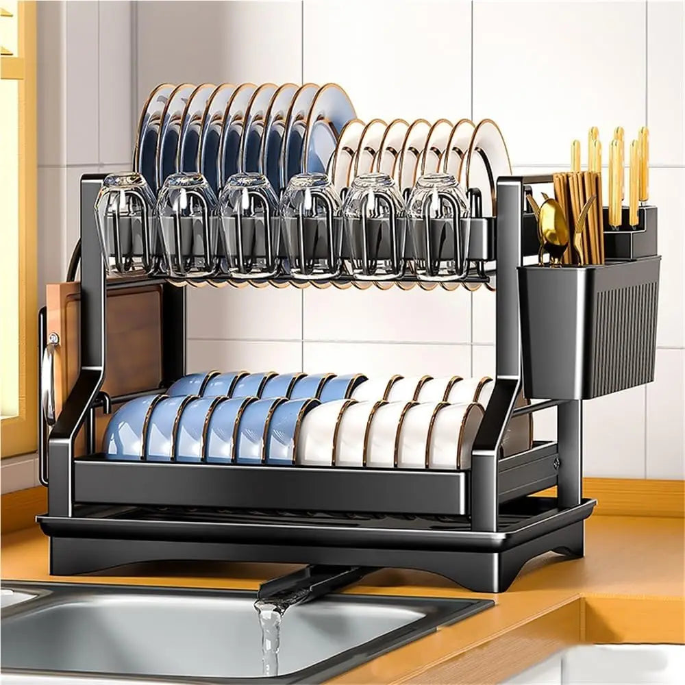 2-Tier Dish Drying Rack for Kitchen Counter, Large Dish Rack with Drainboard, Carbon Steel Kitchen Dish Rack with Utensil Holder