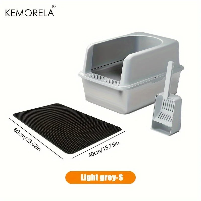 Stainless Steel Litter Box With Litter Mat And Litter Spade Lid High Side Suitable