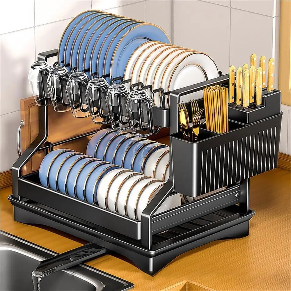 2-Tier Dish Drying Rack for Kitchen Counter, Large Dish Rack with Drainboard, Carbon Steel Kitchen Dish Rack with Utensil Holder