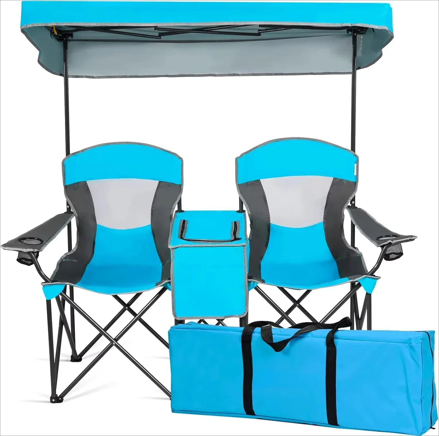 Double Beach Chair with Canopy Shade, Folding Lawn & Camping Chair with Sunshade, Mini Table, Beverage Holder & Carrying Bag