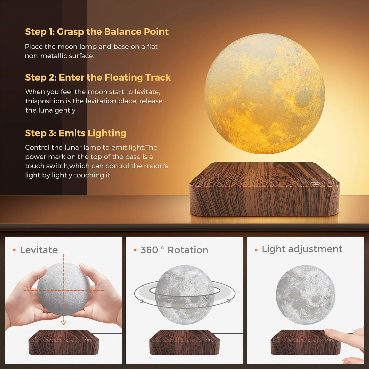 Levitating Moon Lamp, Magnetic Floating Moon Lamp Spinning Luna Night Light for Home Office Desk Decor ,