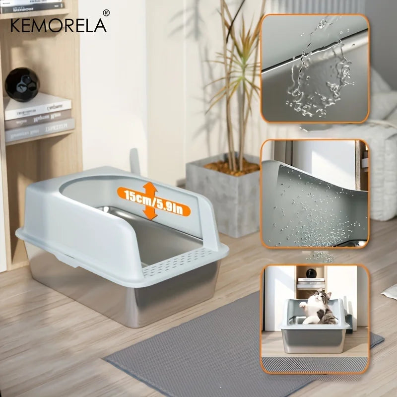 Stainless Steel Litter Box With Litter Mat And Litter Spade Lid High Side Suitable