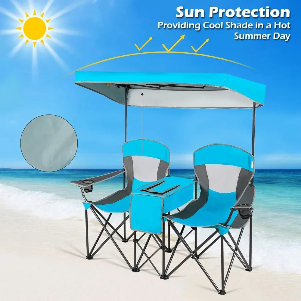 Double Beach Chair with Canopy Shade, Folding Lawn & Camping Chair with Sunshade, Mini Table, Beverage Holder & Carrying Bag