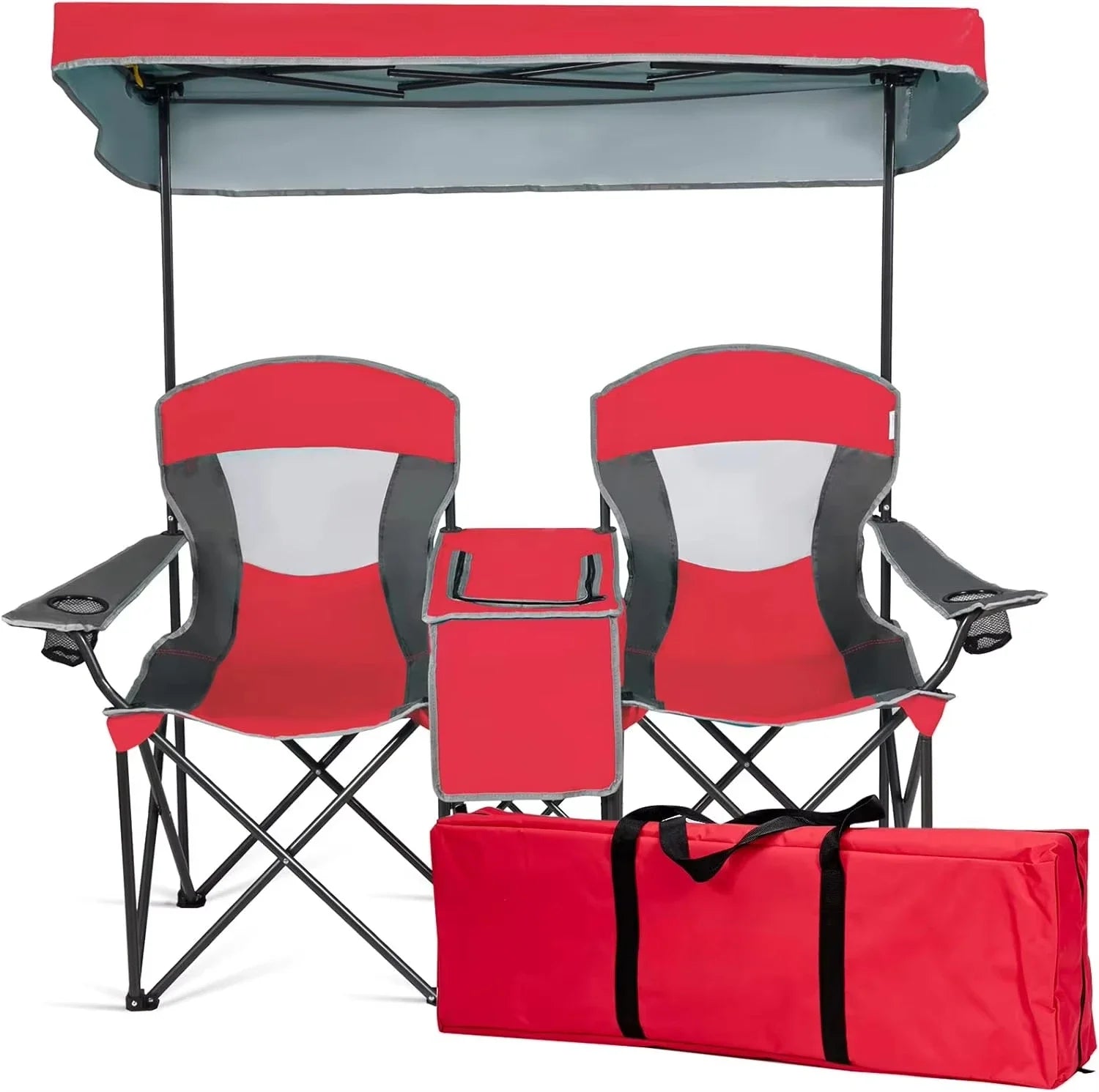 Double Beach Chair with Canopy Shade, Folding Lawn & Camping Chair with Sunshade, Mini Table, Beverage Holder & Carrying Bag