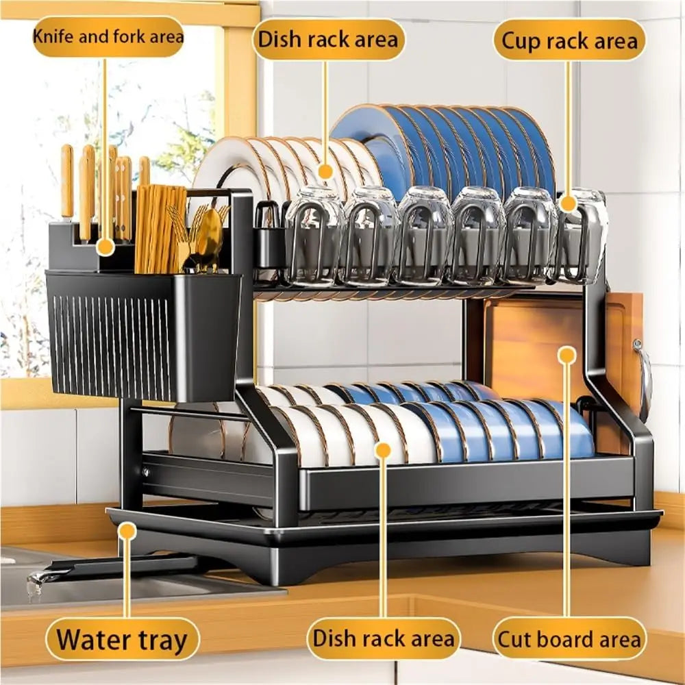 2-Tier Dish Drying Rack for Kitchen Counter, Large Dish Rack with Drainboard, Carbon Steel Kitchen Dish Rack with Utensil Holder