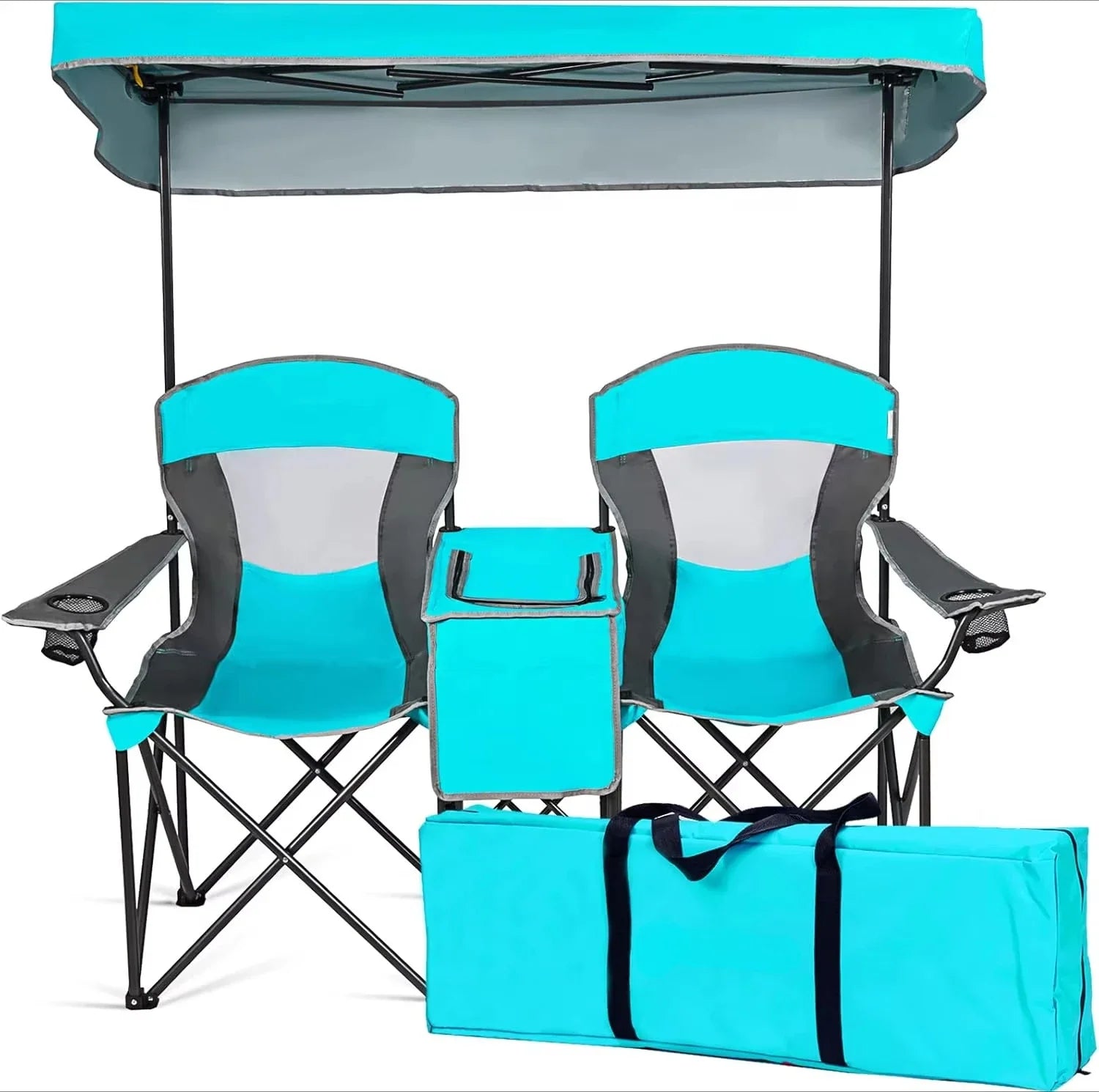 Double Beach Chair with Canopy Shade, Folding Lawn & Camping Chair with Sunshade, Mini Table, Beverage Holder & Carrying Bag
