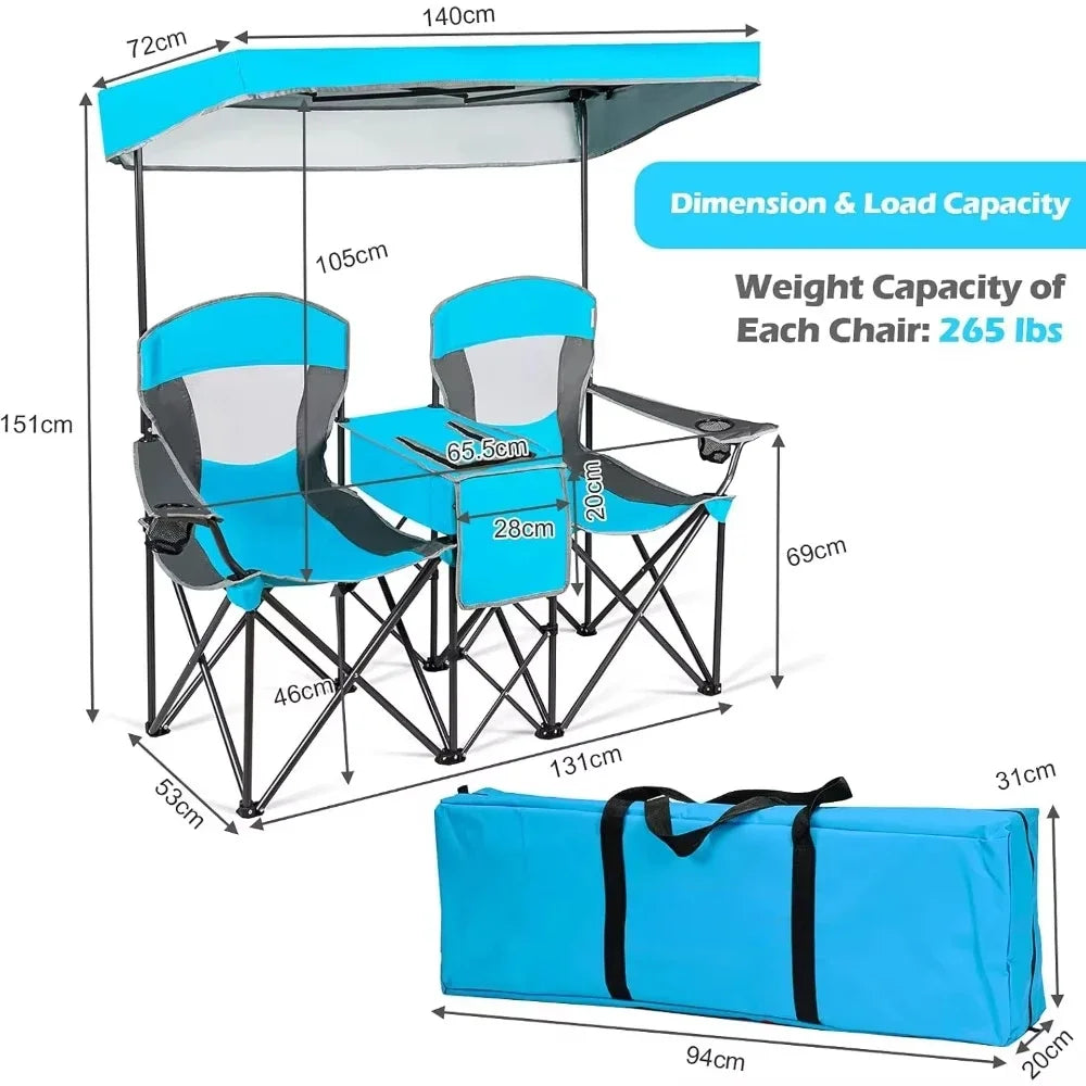 Double Beach Chair with Canopy Shade, Folding Lawn & Camping Chair with Sunshade, Mini Table, Beverage Holder & Carrying Bag