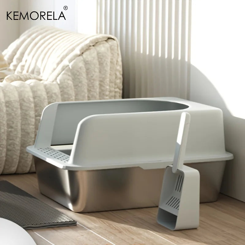 Stainless Steel Litter Box With Litter Mat And Litter Spade Lid High Side Suitable