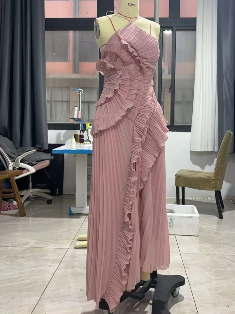 Sexy Halter Neck Pleated Ruffled Long Dress Women Pink Sleeveless Backless Lace-up Folds Slim Dresses Evening Party Gowns