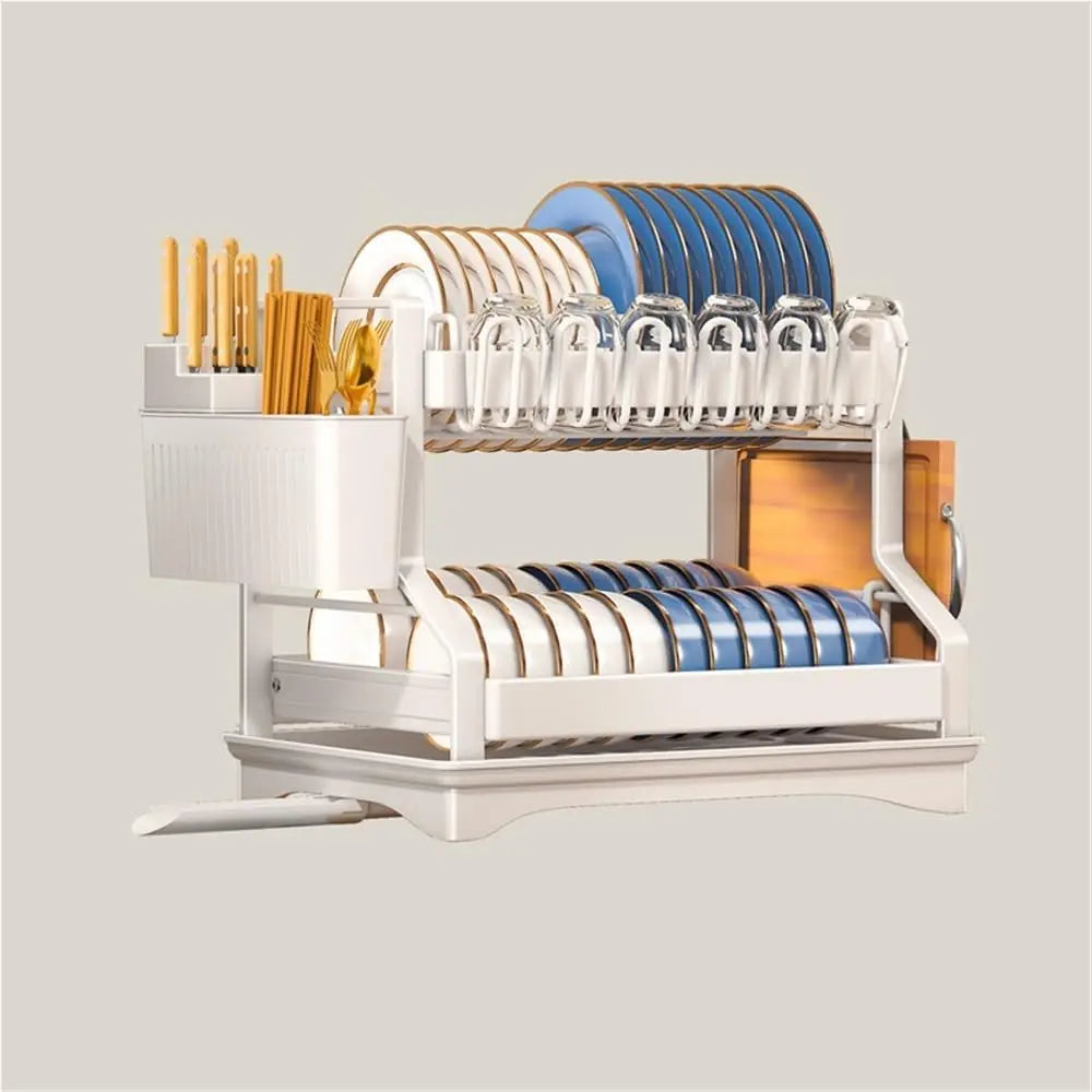 2-Tier Dish Drying Rack for Kitchen Counter, Large Dish Rack with Drainboard, Carbon Steel Kitchen Dish Rack with Utensil Holder