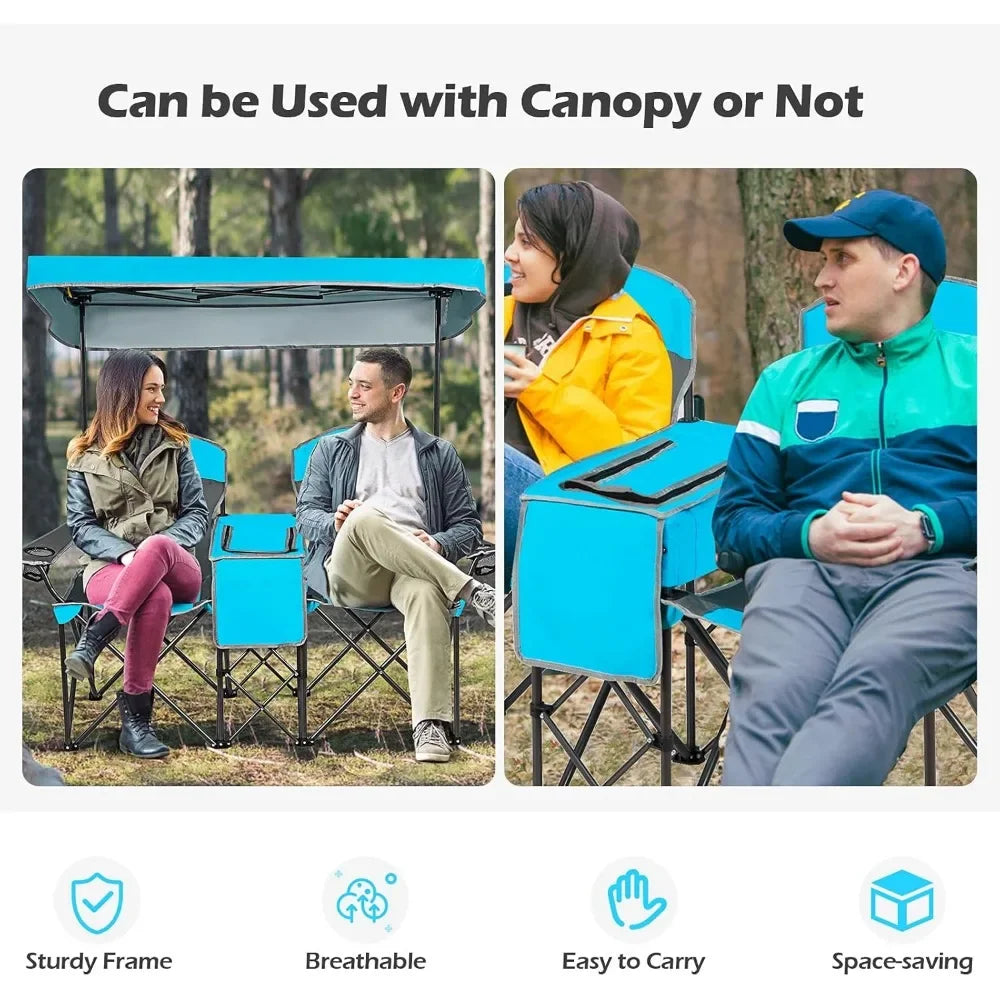 Double Beach Chair with Canopy Shade, Folding Lawn & Camping Chair with Sunshade, Mini Table, Beverage Holder & Carrying Bag