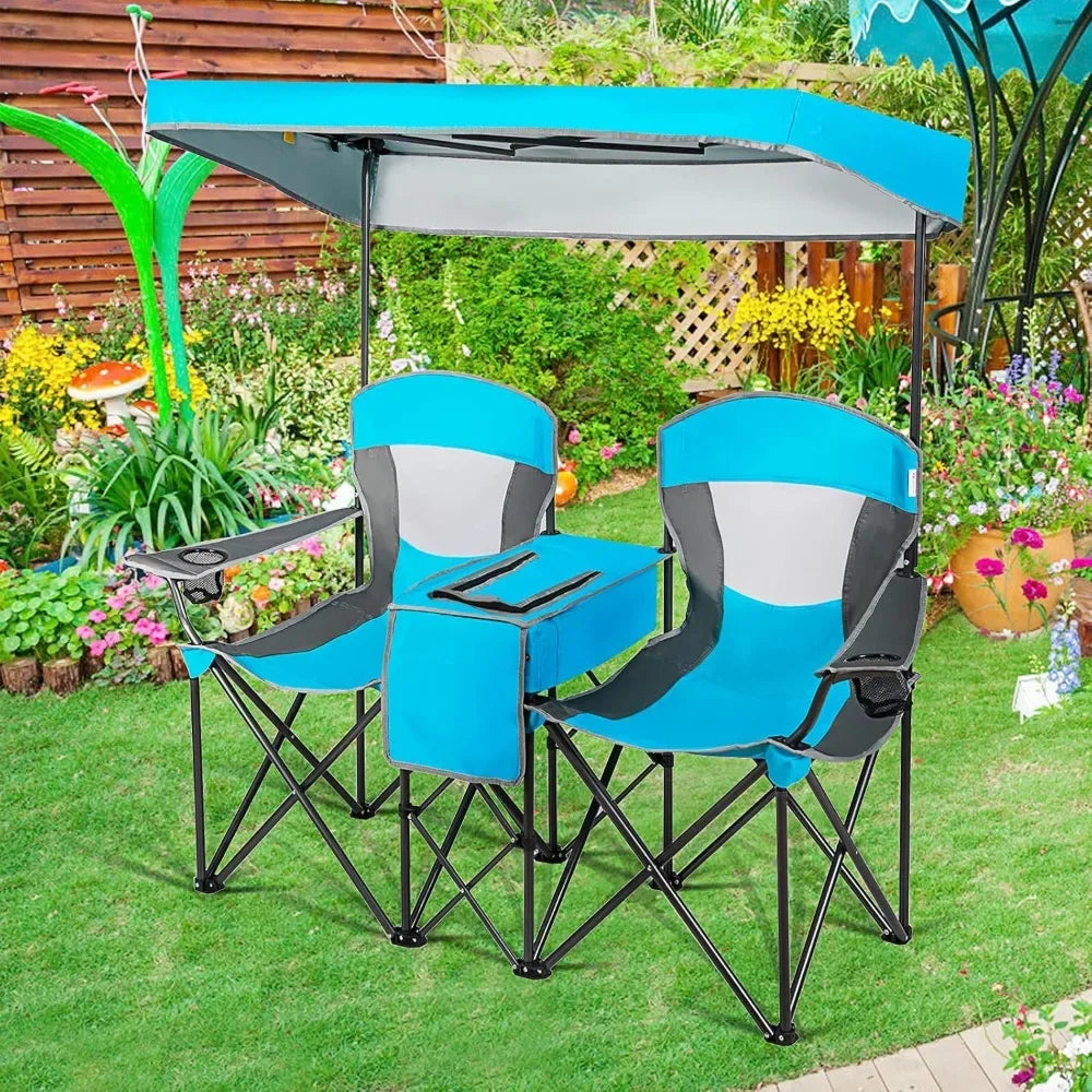 Double Beach Chair with Canopy Shade, Folding Lawn & Camping Chair with Sunshade, Mini Table, Beverage Holder & Carrying Bag