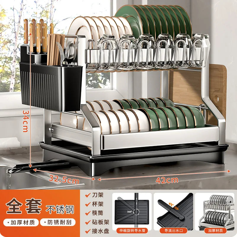 2-Tier Dish Drying Rack for Kitchen Counter, Large Dish Rack with Drainboard, Carbon Steel Kitchen Dish Rack with Utensil Holder
