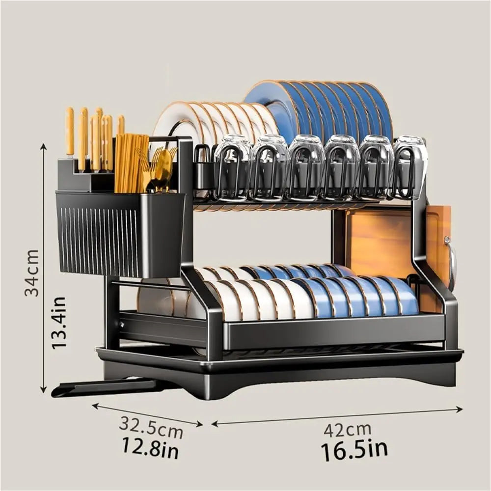2-Tier Dish Drying Rack for Kitchen Counter, Large Dish Rack with Drainboard, Carbon Steel Kitchen Dish Rack with Utensil Holder