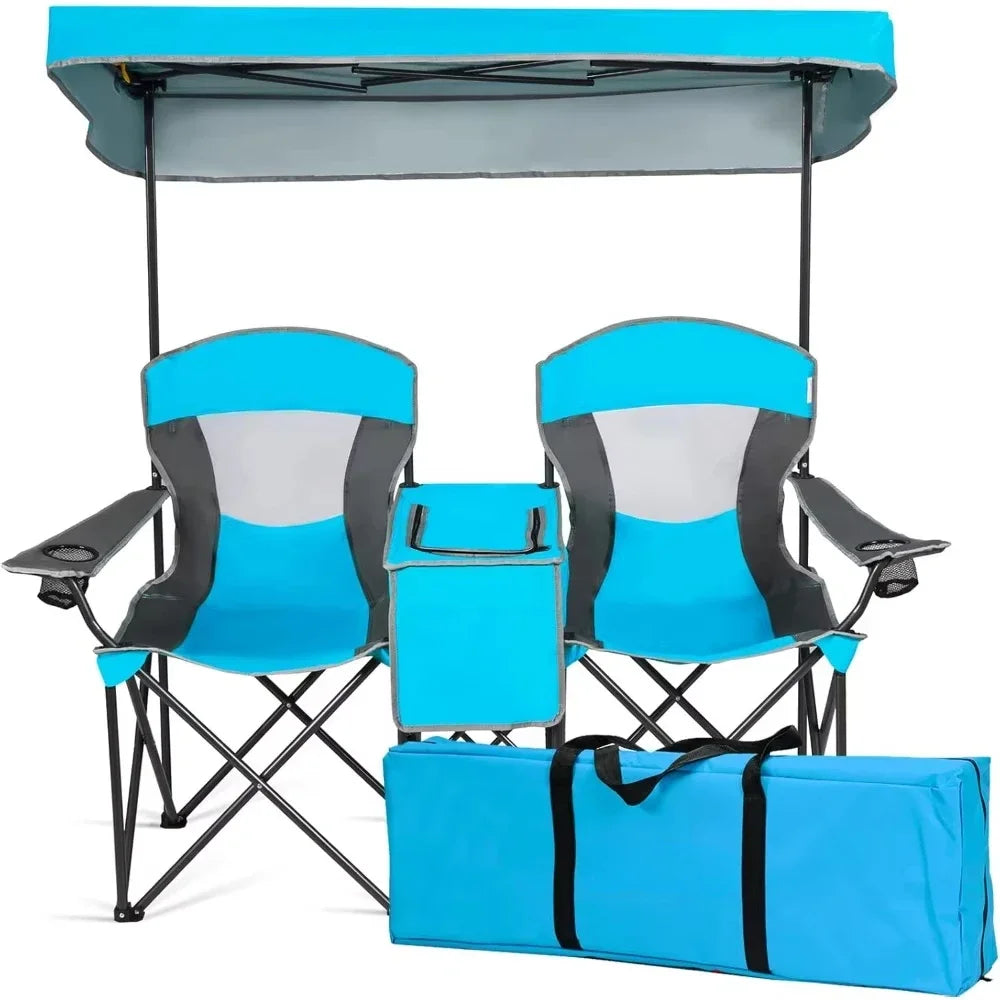 Double Beach Chair with Canopy Shade, Folding Lawn & Camping Chair with Sunshade, Mini Table, Beverage Holder & Carrying Bag