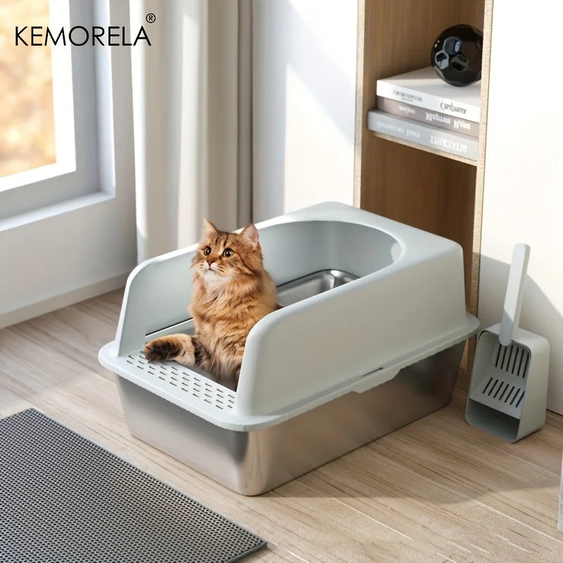Stainless Steel Litter Box With Litter Mat And Litter Spade Lid High Side Suitable