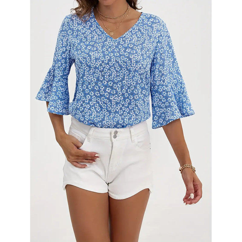 Women's Clothing - Summer Floral Print Blouses V-Neck Flare Sleeve Tops Dressy Casual T-Shirts