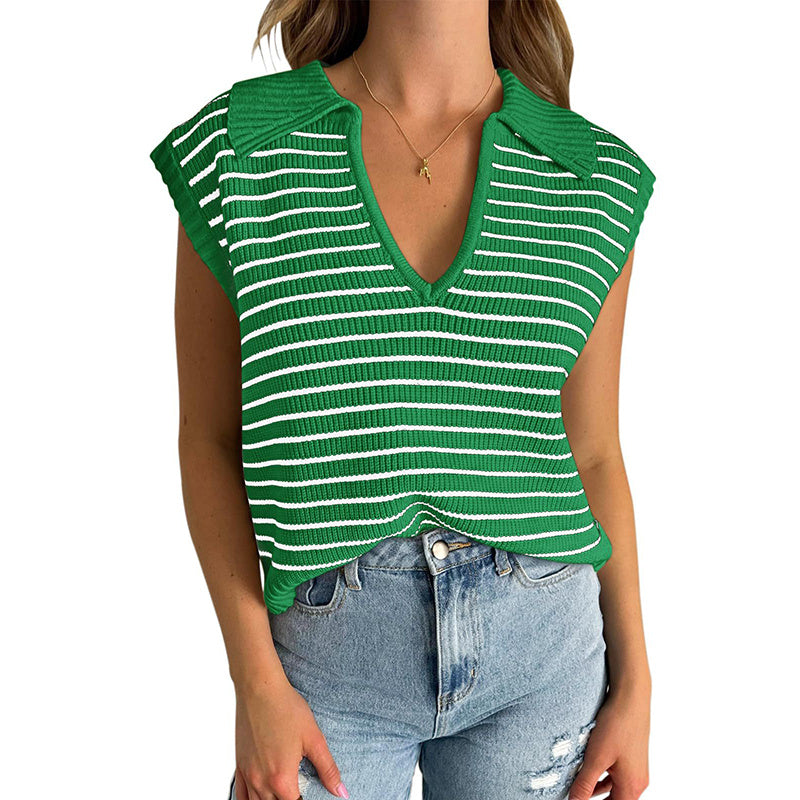 Women's  V Neck Cap Sleeve Sweater Vest Sleeveless Collared Striped Knit Tank Tops