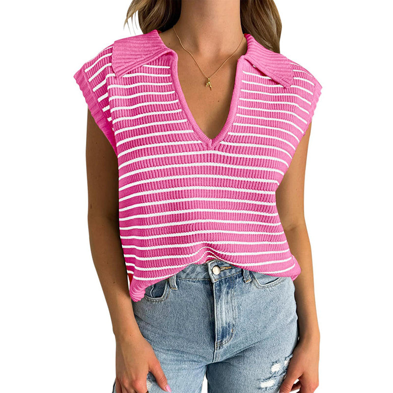 Women's  V Neck Cap Sleeve Sweater Vest Sleeveless Collared Striped Knit Tank Tops