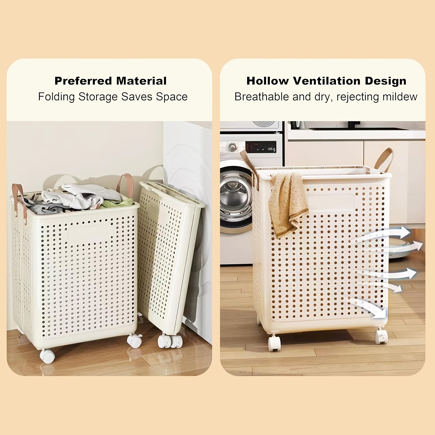 15.85gal/15.85Ga Large Foldable Wheeled Laundry Basket  with No Lid - Faux Leather, Solid Color, Versatile Folding Portable Laundry Basket