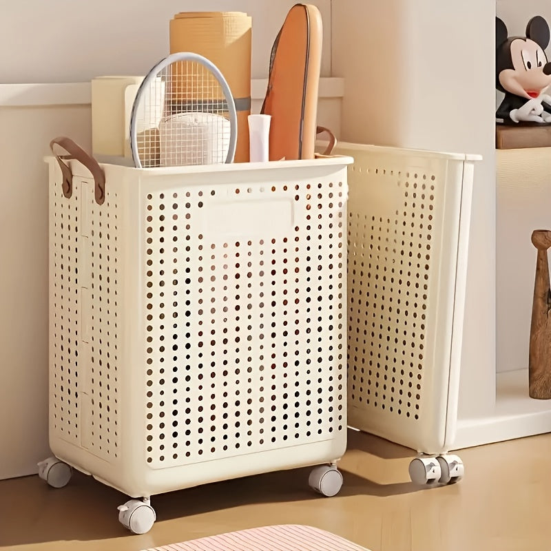 15.85gal/15.85Ga Large Foldable Wheeled Laundry Basket  with No Lid - Faux Leather, Solid Color, Versatile Folding Portable Laundry Basket