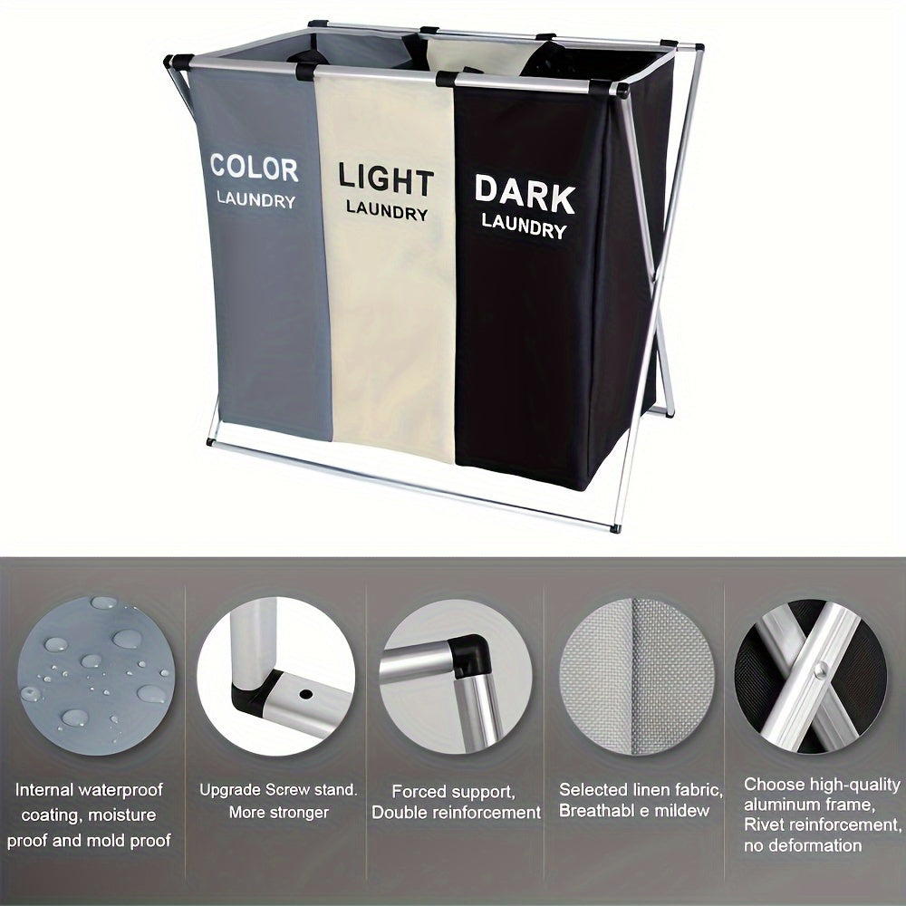 Foldable Laundry Basket With 3 Sections, Waterproof Oxford Bags, And Aluminum Frame - Perfect For Sorting Dark And Light Clothes, Washing Clothes Storage For Home And Dormitory Use