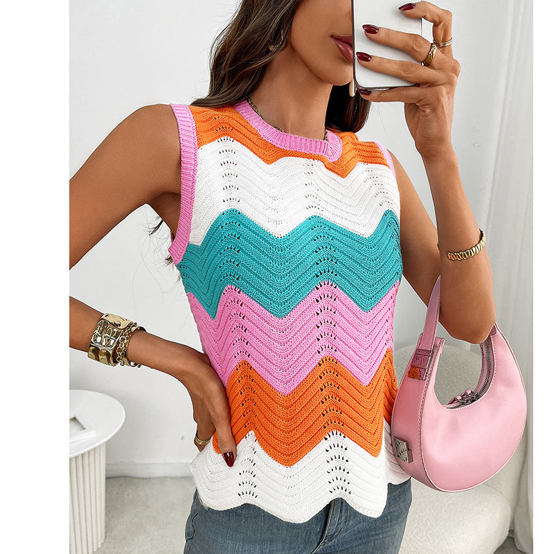 Womens Summer Rainbow Striped Sweater Vest Sleeveless Knit Crew Neck Color Block Going Out Cropped Tank Top