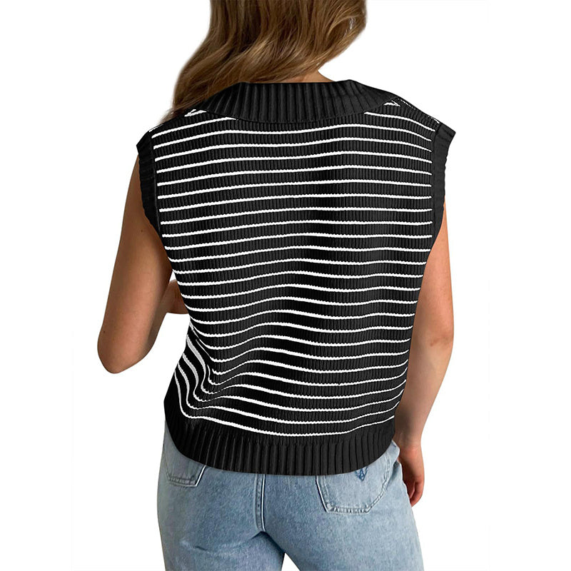 Women's  V Neck Cap Sleeve Sweater Vest Sleeveless Collared Striped Knit Tank Tops