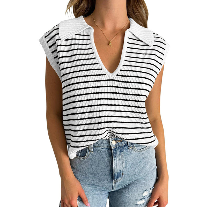 Women's  V Neck Cap Sleeve Sweater Vest Sleeveless Collared Striped Knit Tank Tops