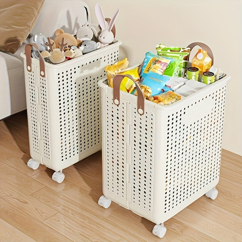 15.85gal/15.85Ga Large Foldable Wheeled Laundry Basket  with No Lid - Faux Leather, Solid Color, Versatile Folding Portable Laundry Basket