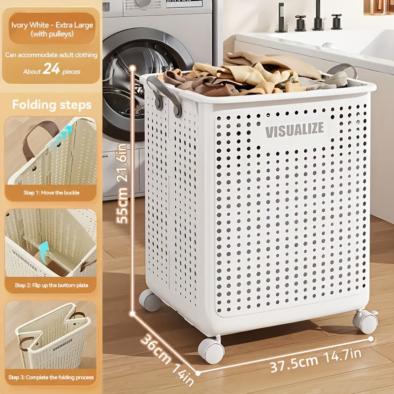 15.85gal/15.85Ga Large Foldable Wheeled Laundry Basket  with No Lid - Faux Leather, Solid Color, Versatile Folding Portable Laundry Basket