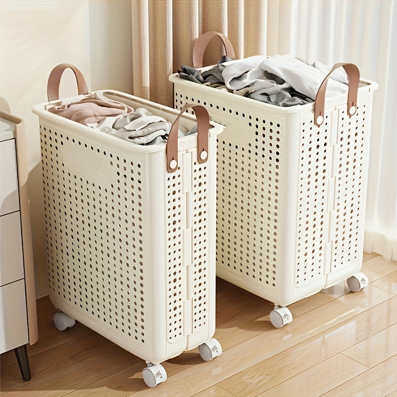 15.85gal/15.85Ga Large Foldable Wheeled Laundry Basket  with No Lid - Faux Leather, Solid Color, Versatile Folding Portable Laundry Basket