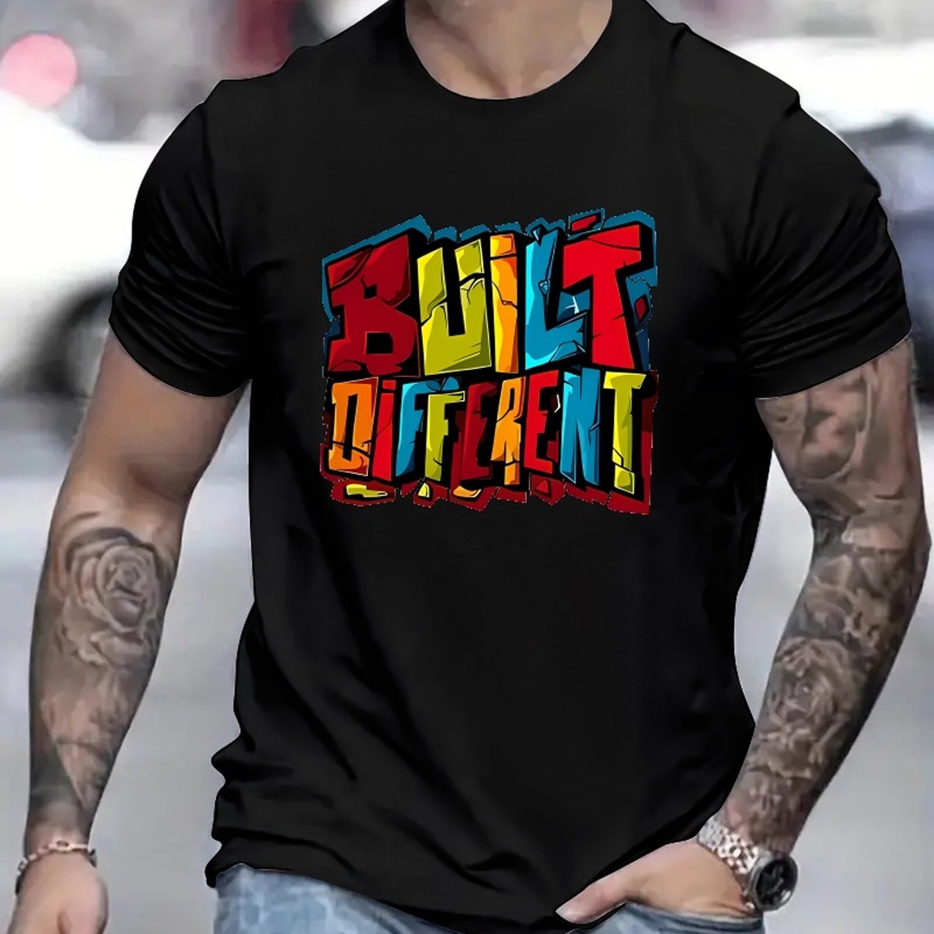 Colorful Letters DIFFERENT Printed Men's Fashion T-shirt, Casual Pattern T-shirt, Short Sleeved Round Neck Top