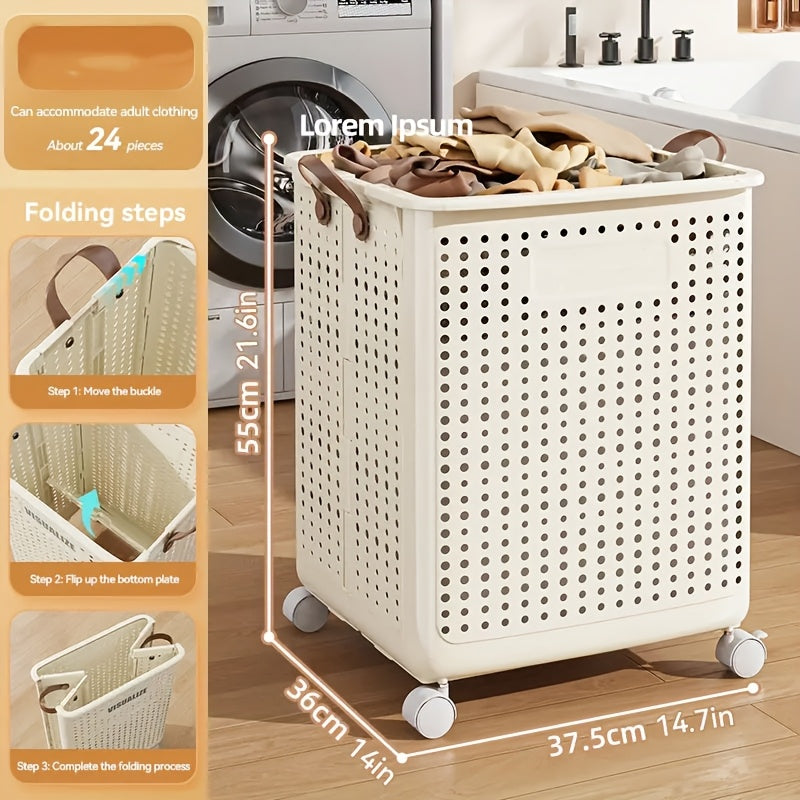15.85gal/15.85Ga Large Foldable Wheeled Laundry Basket  with No Lid - Faux Leather, Solid Color, Versatile Folding Portable Laundry Basket