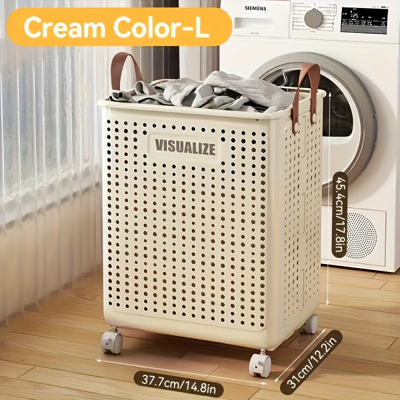 15.85gal/15.85Ga Large Foldable Wheeled Laundry Basket  with No Lid - Faux Leather, Solid Color, Versatile Folding Portable Laundry Basket