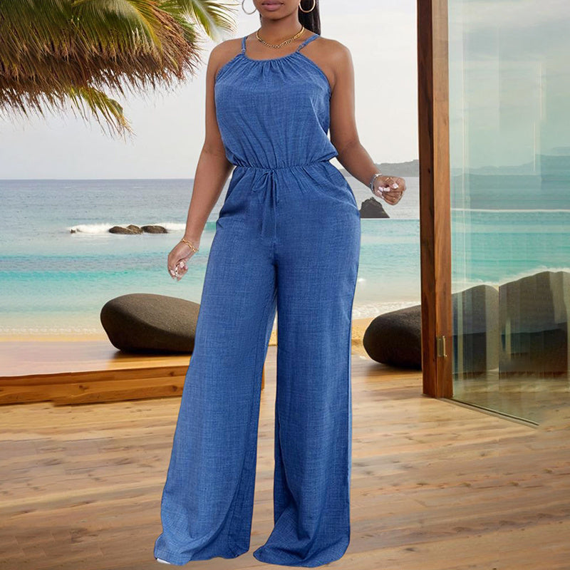 Elegant Sleeveless Solid Color Jumpsuit - Wide Leg With Drawstring Waist, Shoulder-Baring Style For Spring&Summer