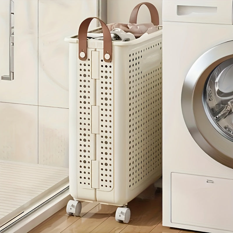 15.85gal/15.85Ga Large Foldable Wheeled Laundry Basket  with No Lid - Faux Leather, Solid Color, Versatile Folding Portable Laundry Basket