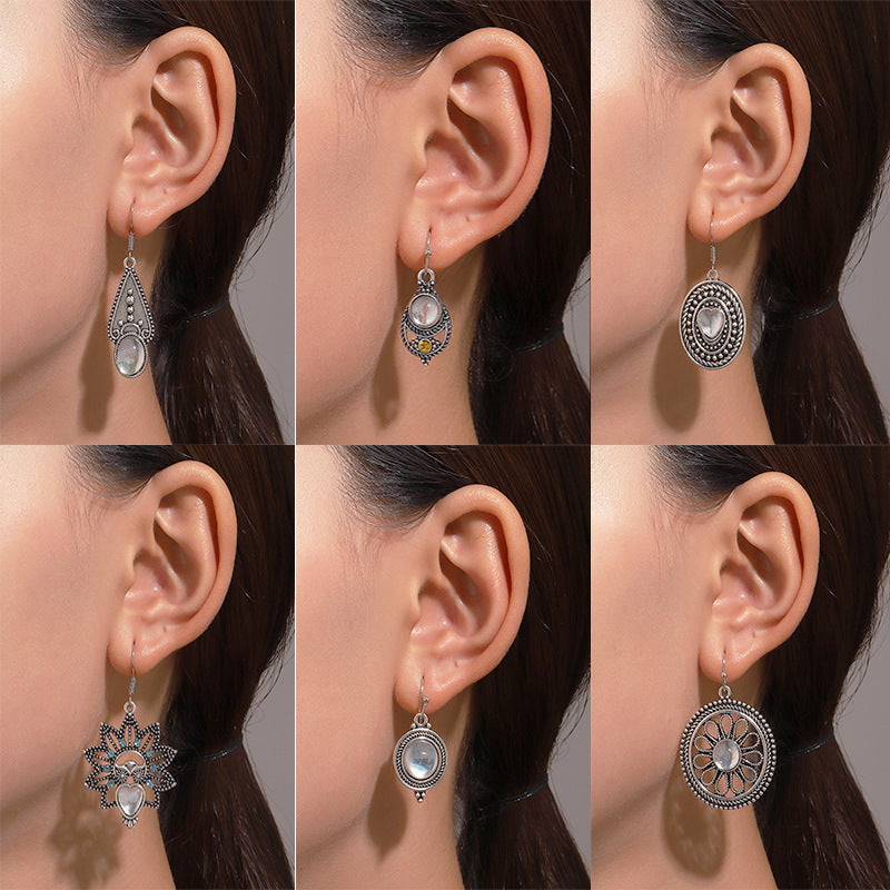 European And American Ins Style Alloy Distressed Geometric Moonstone Eardrops