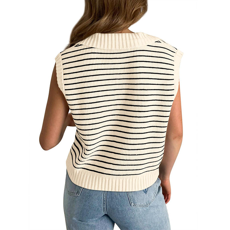 Women's  V Neck Cap Sleeve Sweater Vest Sleeveless Collared Striped Knit Tank Tops