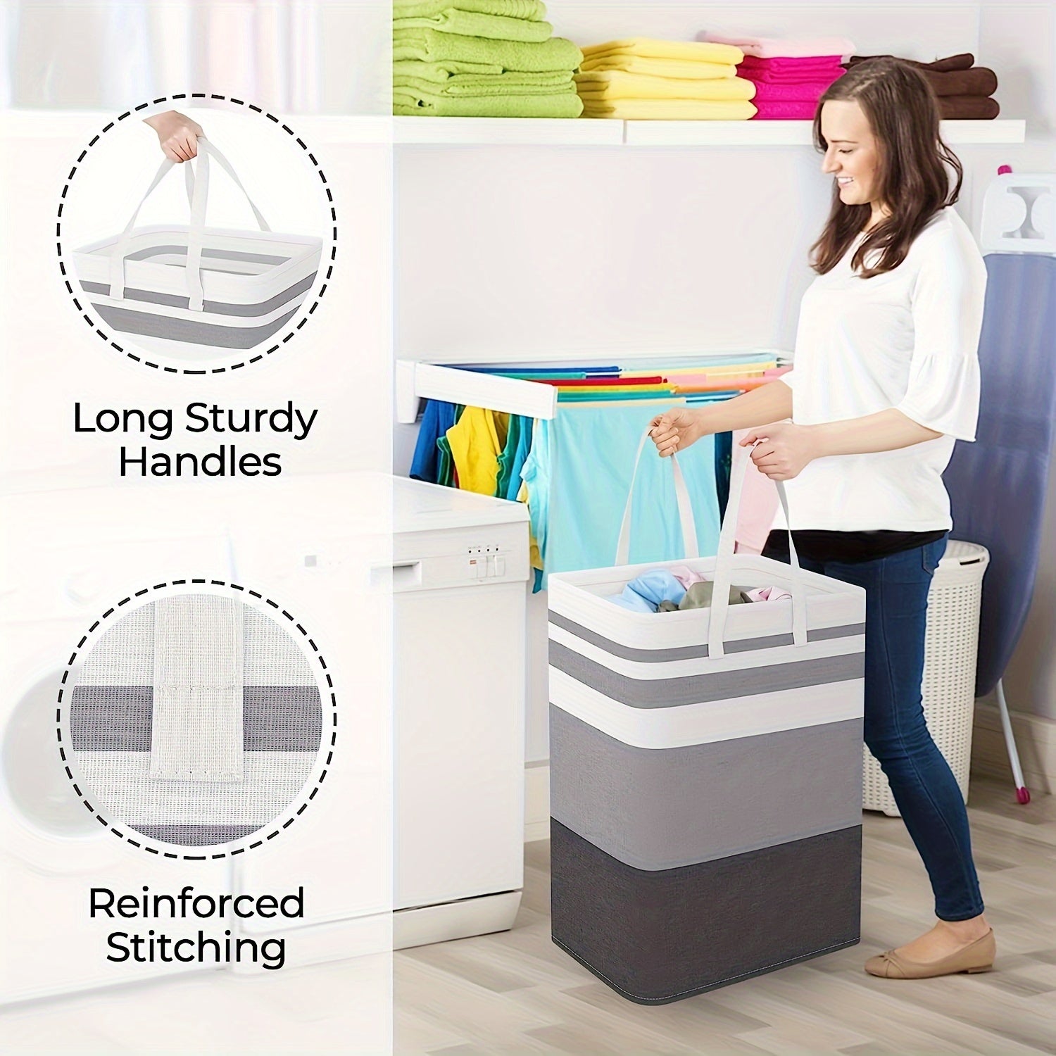 Large Laundry Basket, Waterproof, Freestanding Laundry Hamper, Collapsible Tall Clothes Hamper With Extended Handles