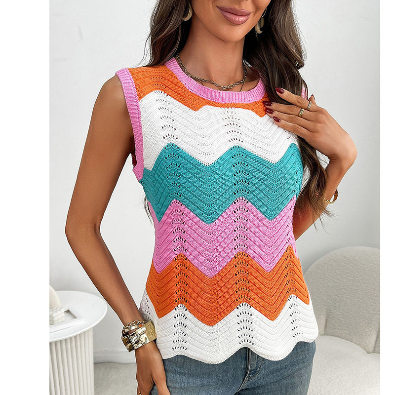 Womens Summer Rainbow Striped Sweater Vest Sleeveless Knit Crew Neck Color Block Going Out Cropped Tank Top