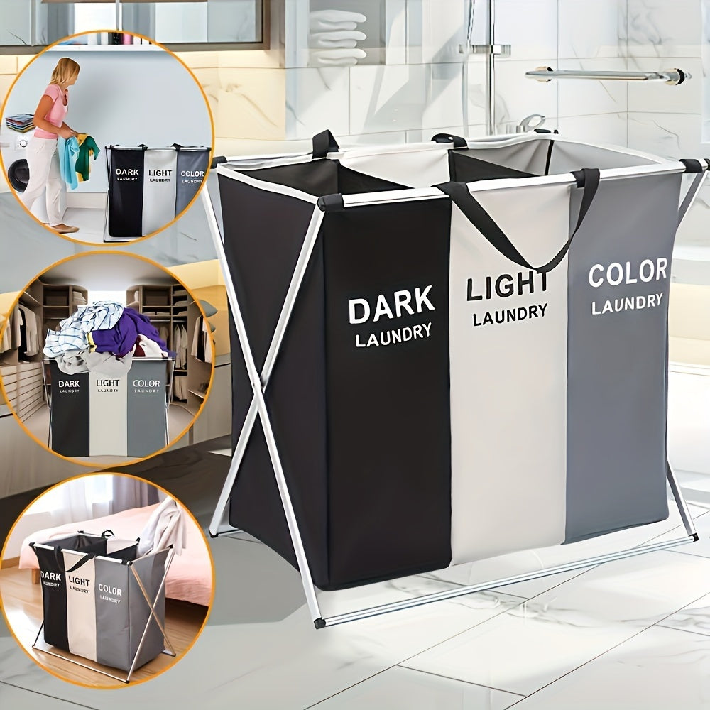 Foldable Laundry Basket With 3 Sections, Waterproof Oxford Bags, And Aluminum Frame - Perfect For Sorting Dark And Light Clothes, Washing Clothes Storage For Home And Dormitory Use
