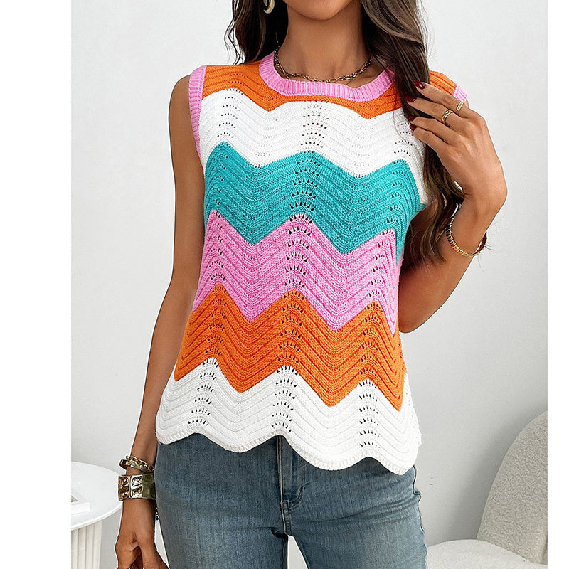 Womens Summer Rainbow Striped Sweater Vest Sleeveless Knit Crew Neck Color Block Going Out Cropped Tank Top